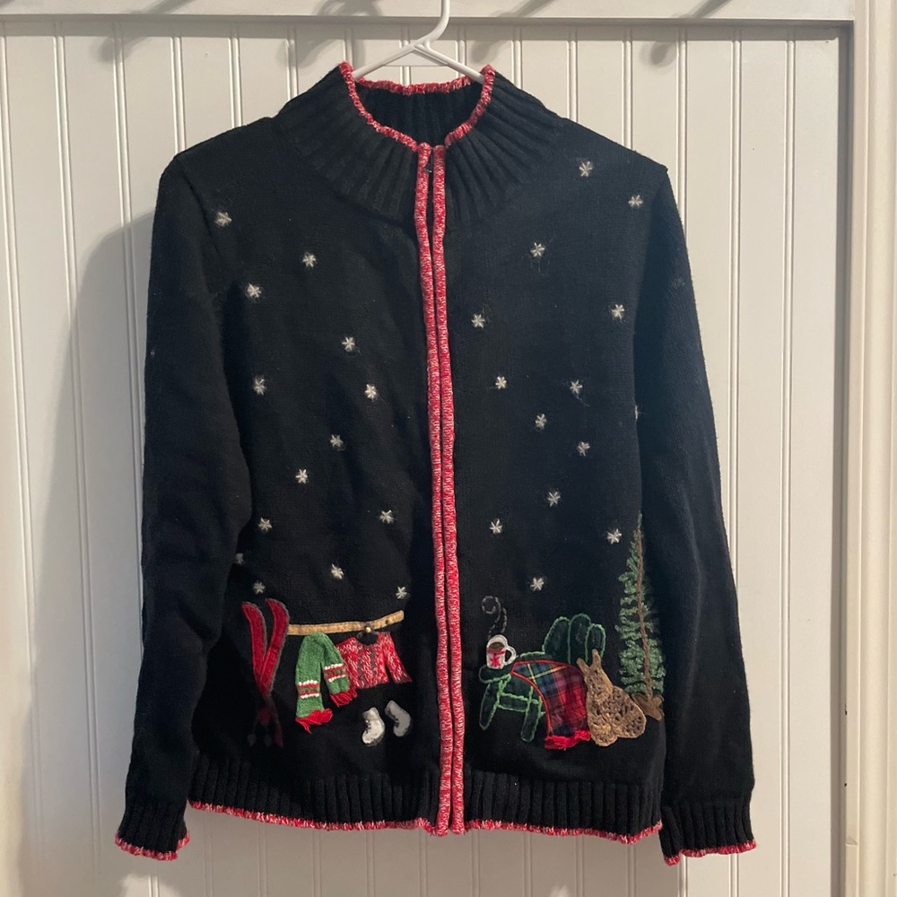 Coldwater Creek Black Cardigan with Festive Embroidery